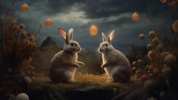 A painting of two rabbits in the forest lantern behind them