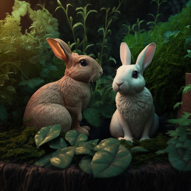 A painting of two rabbits in a forest with a green background.