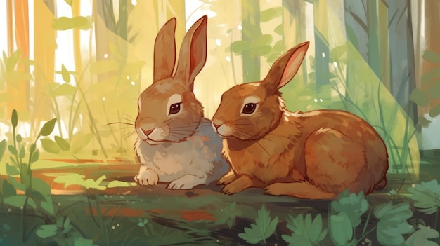 A painting of two rabbits in a forest