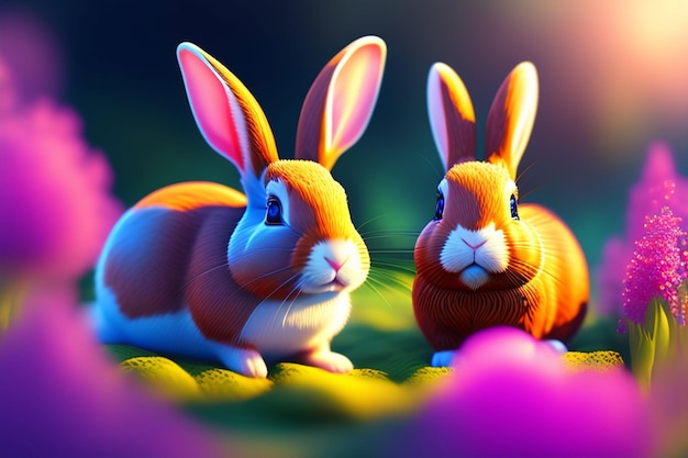 A painting of two rabbits on a green background