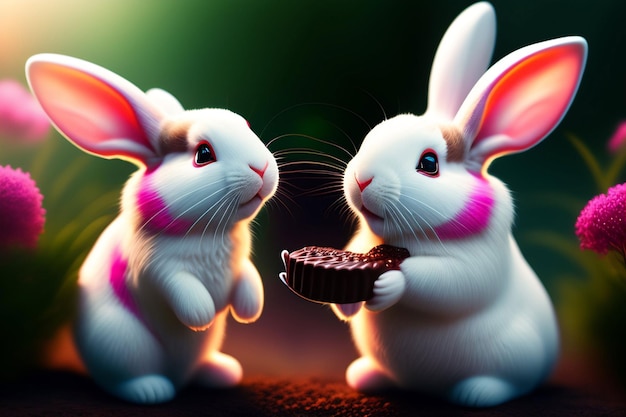 Картина с изображением двух кроликов с розовыми ушками и надписью «шоколад» на лицевой стороне.