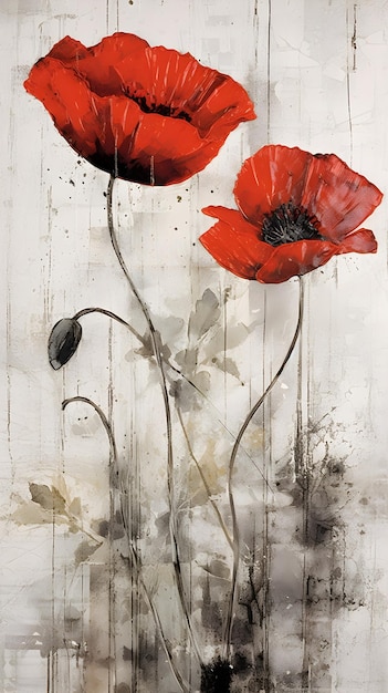 A painting of two red poppies with the word poppies on it.