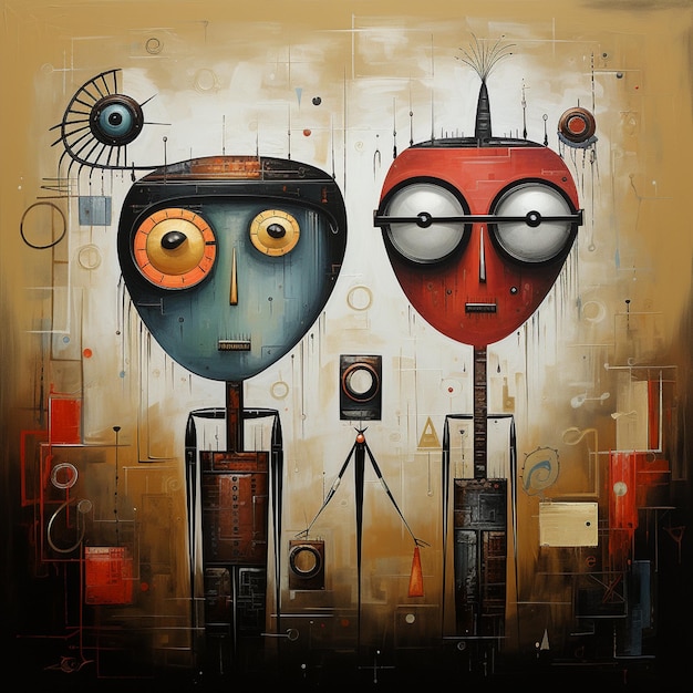 painting of two robots with eyes and a clock on a wall generative ai