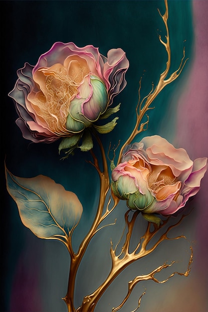 Painting of two roses on a branch generative ai