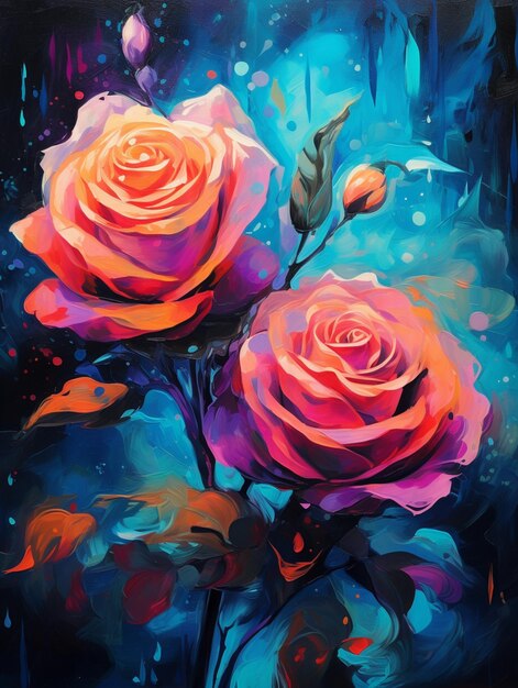 painting of two roses with a blue background and a pink one generative ai