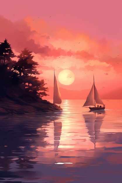 painting of two sailboats in the water at sunset with a lighthouse in the background generative ai