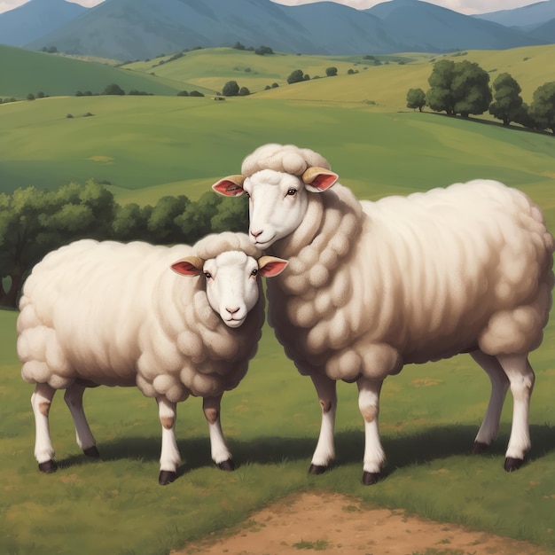 a painting of two sheep in a field with mountains in the background.