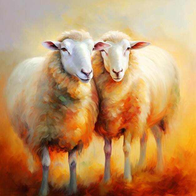 A painting of two sheep with the head of one another.