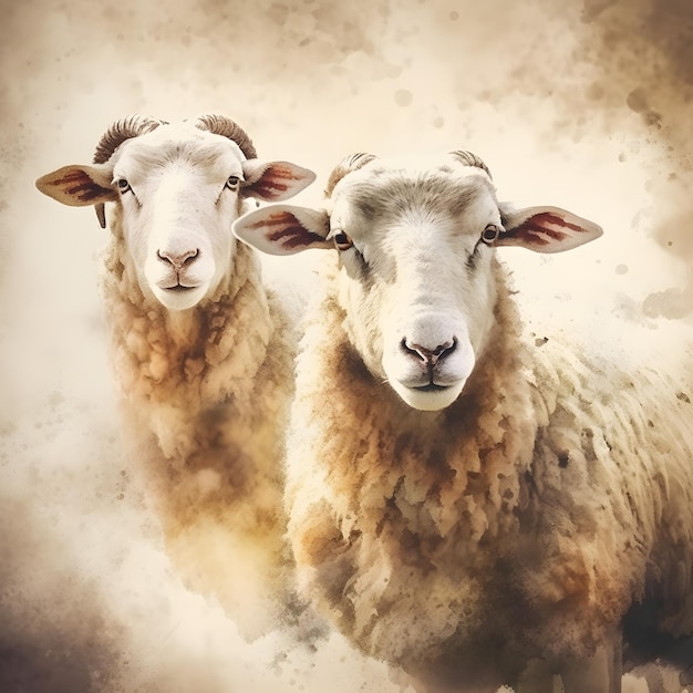 A painting of two sheep with the word ram on the front.