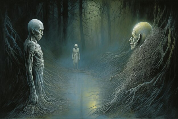 A painting of two skeletons in a forest with roots on the ground.