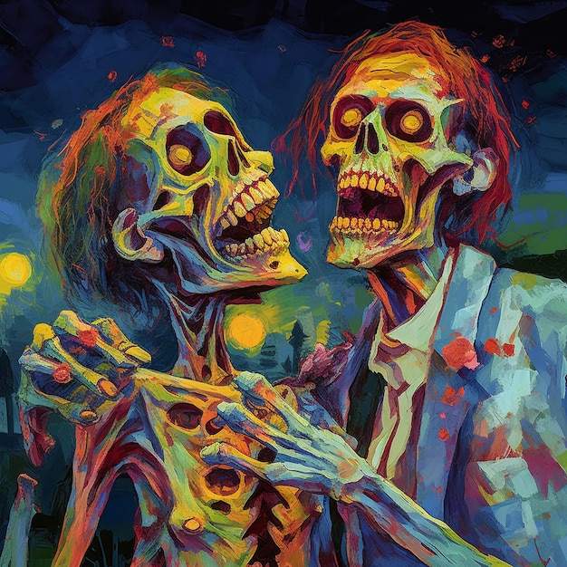 a painting of two skeletons and one has a skull on it.