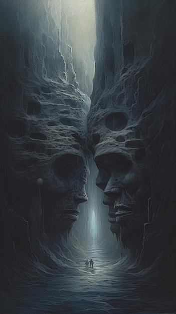 A painting of two skulls and a waterfall