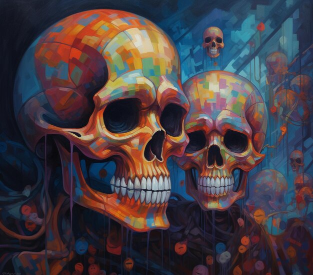 painting of two skulls with colorful paint on them in a dark room generative ai