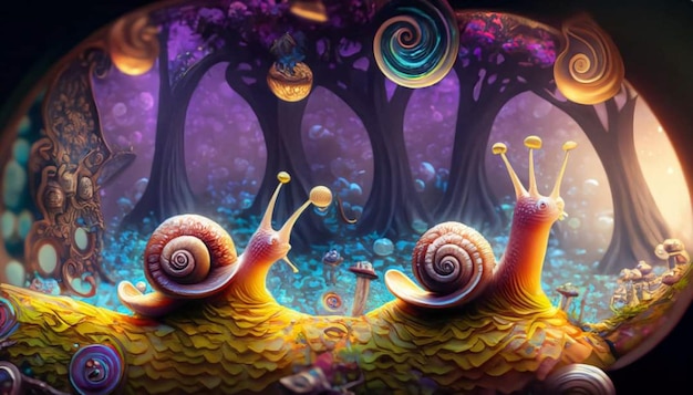 A painting of two snails in a forest with a forest in the background.