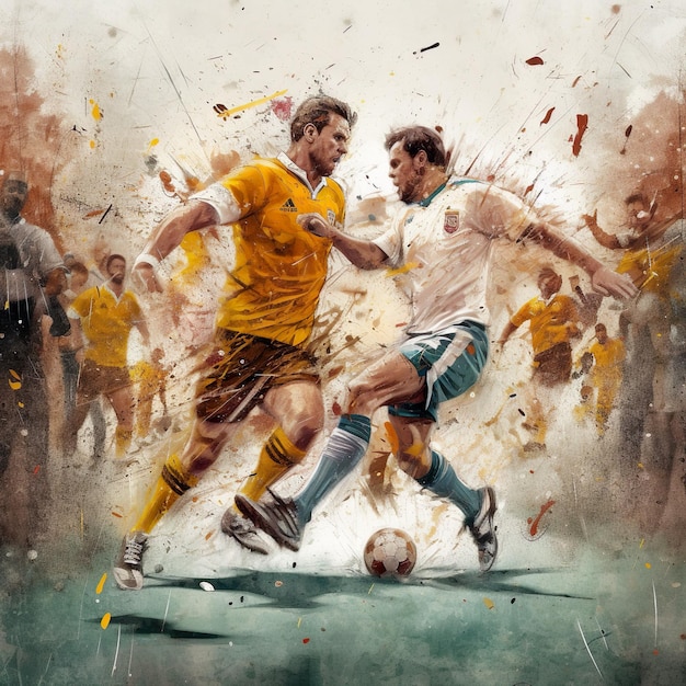 A painting of two soccer players in a stadium with the word world on it.