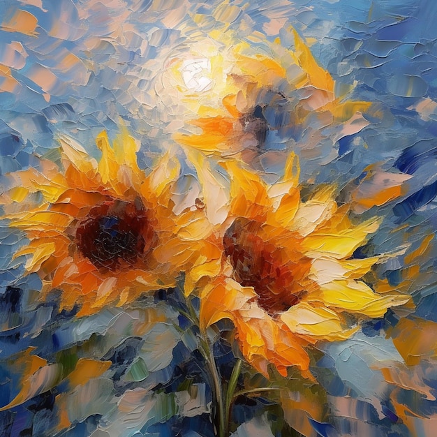 A painting of two sunflowers on a blue background