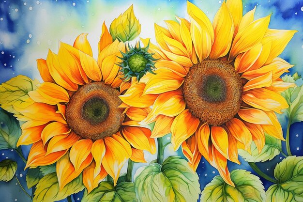 Painting of two sunflowers with green leaves on a blue background generative ai