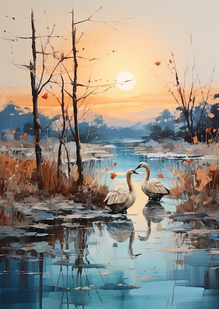 Painting of two swans in a pond at sunset with trees generative ai