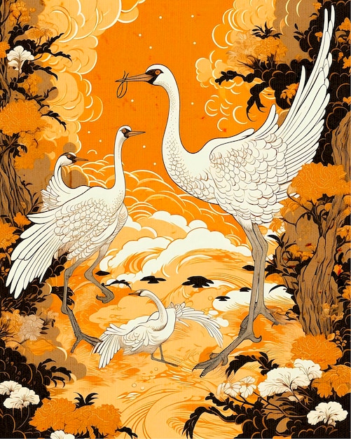 A painting of two swans with a bird in the background