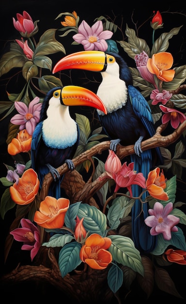 painting of two toucans sitting on a branch with flowers generative ai