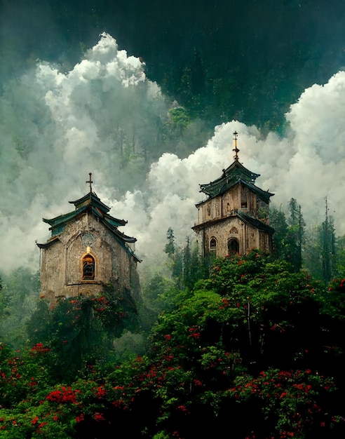 A painting of two towers in the forest