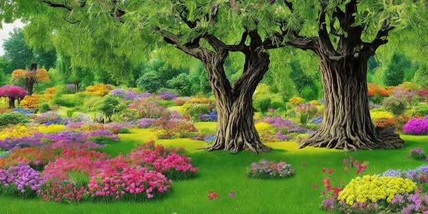 A painting of two trees with flowers in the background.