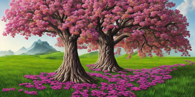 A painting of two trees with pink flowers in the middle of them.