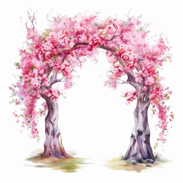 A painting of two trees with pink flowers on them generative ai