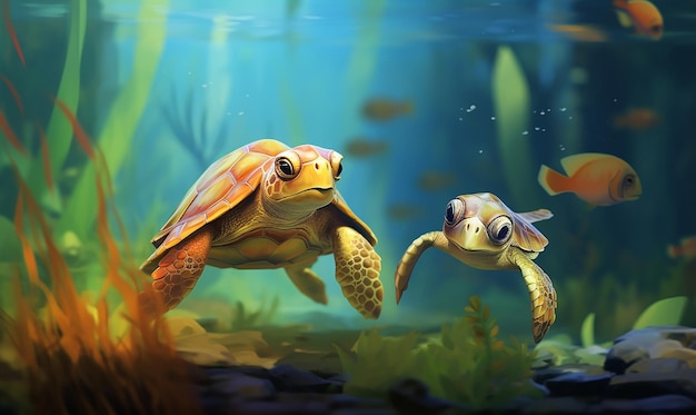 Photo a painting of two turtles and a fish in a tank