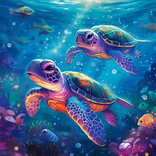 A painting of two turtles swimming under the ocean