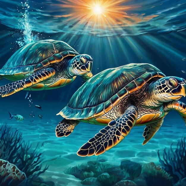 태양 아래에서 수영하는 두 마리의 거북이의 그림