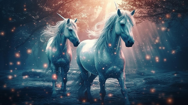 A painting of two unicorns in a forest with the sun shining on them.