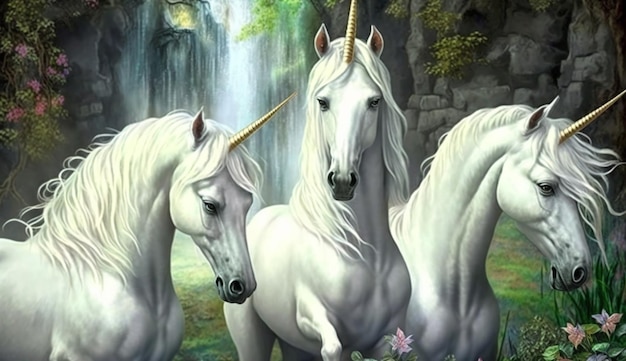 A painting of two unicorns in front of a waterfall.