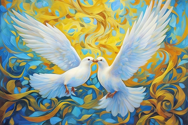 A painting of two white doves with yellow and blue feathers.