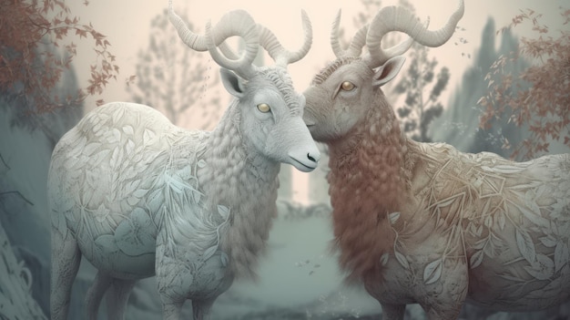 A painting of two white sheep with red eyes and a red nose.