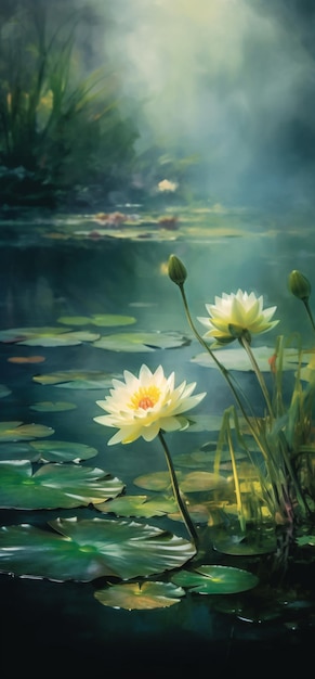 painting of two white water lillies in a pond with green leaves generative ai