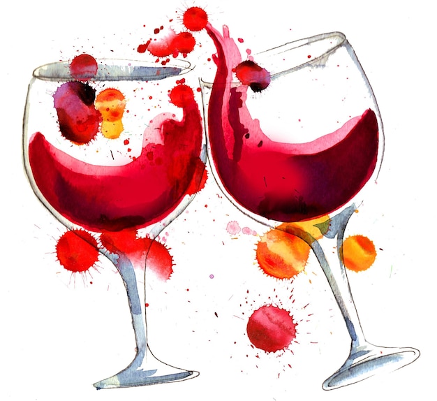 赤ワインと「wine」という言葉が描かれた 2 つのワイングラスの絵。