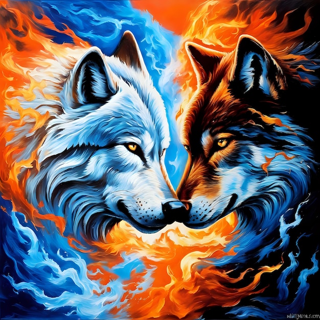 A painting of two wolfs facing each other