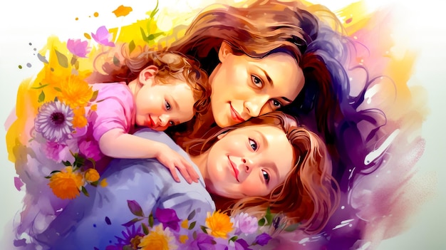 Painting of two women and child laying on bed of flowers