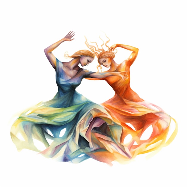 painting of two women in colorful dresses dancing in a dance pose generative ai