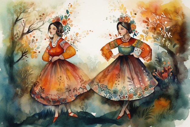 A painting of two women dancing in a colorful dress.