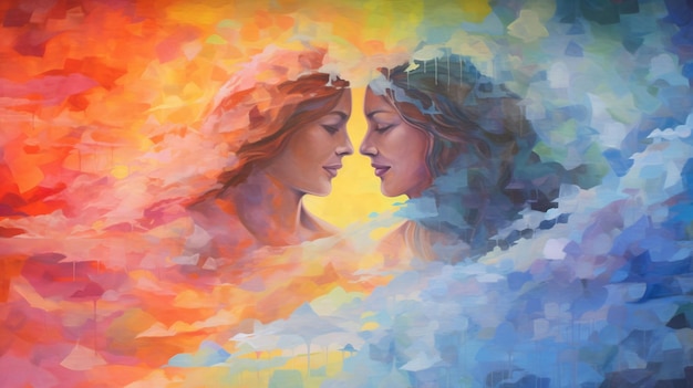 A painting of two women facing each other with the words'love'on the bottom right.