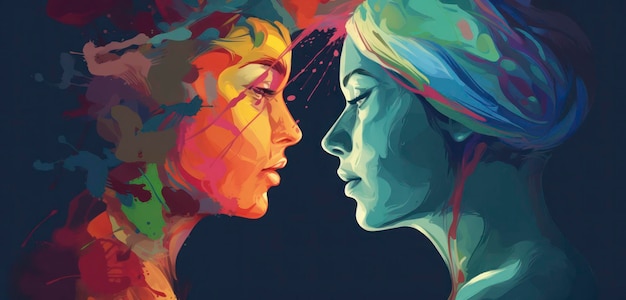 A painting of two women facing each other