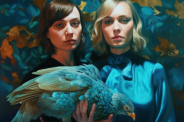 A painting of two women holding a blue bird