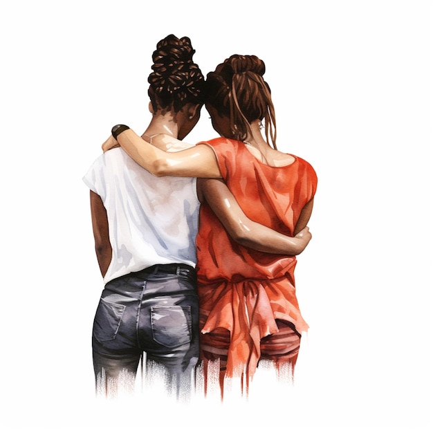 Painting of two women hugging each other in front of a white background generative ai