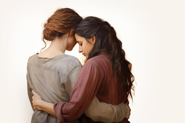 a painting of two women hugging each other with the words " love " on the back.