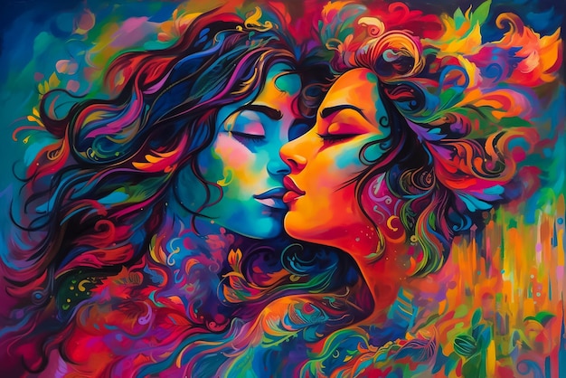 A painting of two women kissing with colorful colors.