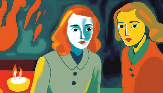 A painting of two women, one of which is yellow and the other is blue.