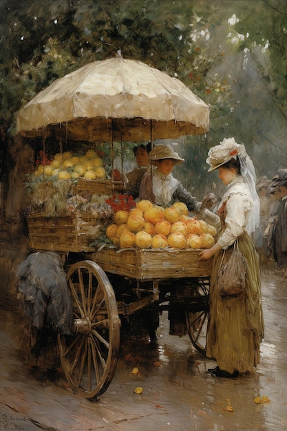 a painting of two women selling fruit from a cart