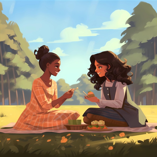 A painting of two women sitting in a park.